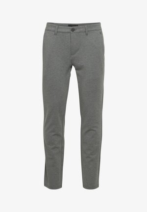 Light gray tailored trousers in a soft, stretchy fabric; features two front pockets, belt loops, and a button closure.