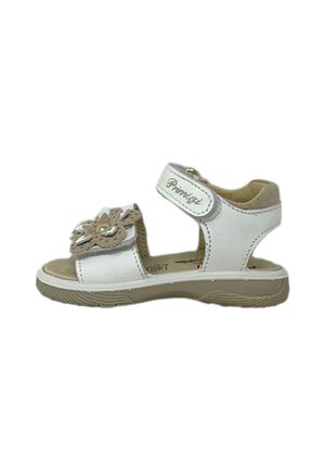Sandali bianchi per bambini con fibbia in velcro, decorazioni floreali e suola texturizzata color marrone chiaro. Presentano una soletta imbottita per il comfort.