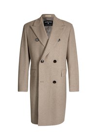 Cappotto lungo beige in lana con chiusura doppiopetto, bottoni neri, rever a tantaglio e tasche laterali. Tessuto liscio e vestibilità sartoriale.