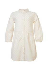 Robe en crème clair avec manches longues, col rond et détailles florales texturées. Dotée d'une fermeture à boutons à l'avant et d'une taille froncée.