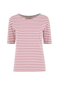 Rosa- und weißgestreiftes T-Shirt mit kurzen Ärmeln und rundem Ausschnitt. Hergestellt aus weichem Stoff, mit gleichmäßigen horizontalen Streifen und einem bequemen Schnitt.
