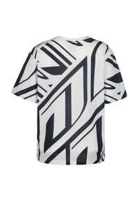 T-shirt a maniche corte in tessuto sintetico bianco e nero, con audaci motivi geometrici e un classico scollo a giro.