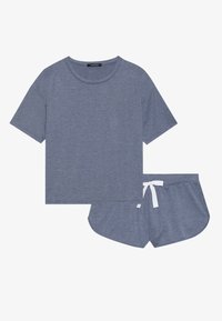 Blaue Baumwoll-Loungewear-Set bestehend aus einem T-Shirt mit kurzen Ärmeln und Rundhalsausschnitt sowie passenden Shorts mit einer weißen Kordel.