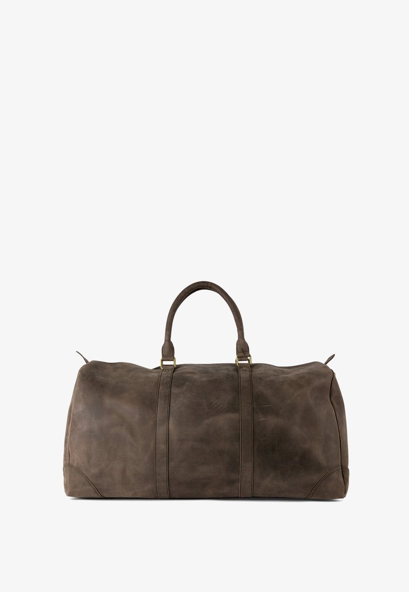 Braune Lederreisetasche mit doppelten Griffen, glatter Textur, runder Form und kontrastierenden Nähdetails.