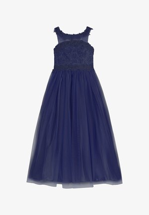 Marineblaues Kleid mit einem Tüllrock. Das Oberteil ist mit aufwendiger Blumenstickerei und einem gewellten Ausschnitt versehen. Die Träger sind breit und strukturiert.