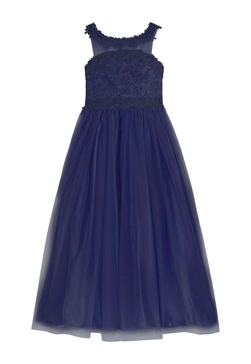 Marineblaues Kleid mit einem Tüllrock. Das Oberteil ist mit aufwendiger Blumenstickerei und einem gewellten Ausschnitt versehen. Die Träger sind breit und strukturiert.