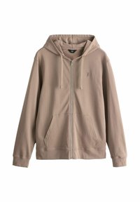Beige zip-up hættejakke lavet af blødt stof, med en kengurulomme, en snørehætte og et lille logo på brystet.