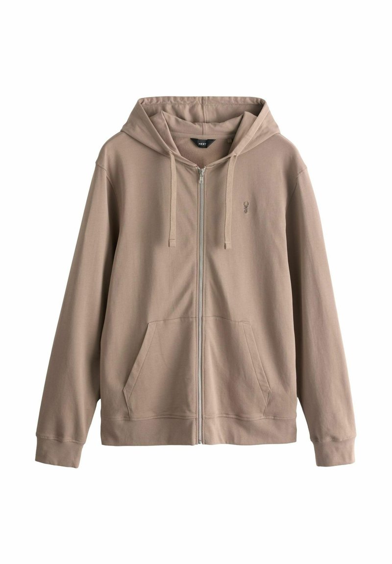 Beige zip-up hættejakke lavet af blødt stof, med en kengurulomme, en snørehætte og et lille logo på brystet.