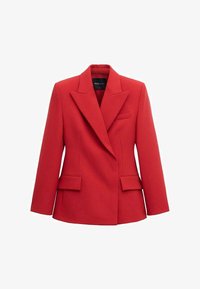 Blazer rojo de mujer entallado con solapas anchas, dos bolsillos con solapa y un bolsillo de ojal en el pecho, delantero sin botones, de MNG Selection.
