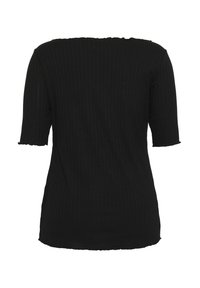 Schwarzes, geripptes Oberteil mit kurzen Ärmeln, das einen weiten Ausschnitt und gewellte Kanten aufweist. Hergestellt aus einem weichen, dehnbaren Stoff. Rückansicht.