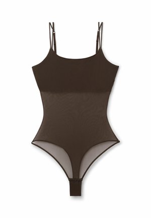 Hnědý průhledný body z mřížky s nastavitelnými tenkými ramínky a zapínáním na druk mezi nohama.