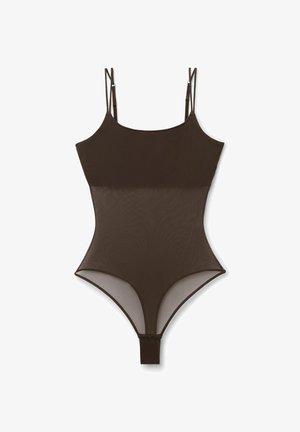 Body marron en mesh transparent avec bretelles fines réglables et fermeture pressionnée à l’entrejambe.