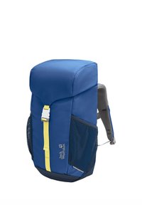 Blauer Jack Wolfskin Rucksack mit gelbem, vorderem Gurt, seitlichen Netzfächern und gepolsterten grauen Schulterriemen.