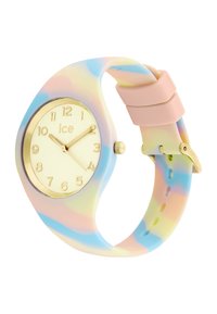 Montre en silicone multicolore avec des tourbillons pastel, aiguilles des heures et des minutes dorées, et un cadran crème. Présente de grands chiffres et une boucle rose.