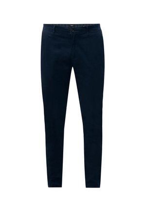 Tyrkysové slim fit chinos vyrobené z bavlněné směsi, s předním zapínáním na knoflík, poutky na opasek a bočními kapsami s hladkým povrchem.