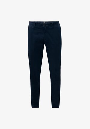 Mørkeblå slim-fit chinos lavet af bomuldsblanding, med knaplukning foran, bæltestropper og sidelommer med en glat overflade.
