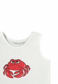 Weißes ärmelloses T-Shirt aus Baumwolle mit einem großen roten Krabbengrafik. Die Krabbe hat ausgeprägte Scheren und ein ausdrucksvolles Gesicht.
