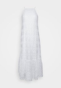Longue robe blanche en dentelle avec bretelles spaghetti, col montant et ourlet évasé avec un motif en zigzag sur toute la surface.