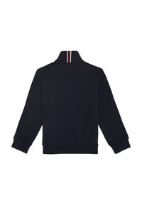 Marine sweatshirt met een hoge kraag, voorzien van rood, wit en blauwe strepen, lange mouwen en een geribde zoom en boorden. Gladde textuur.
