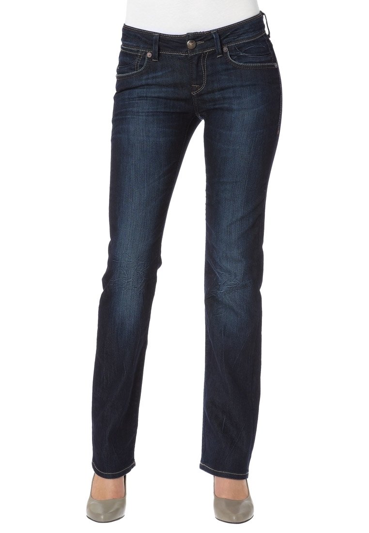 Jeans de mezclilla azul oscuro con un diseño de pierna recta, que cuentan con un cierre frontal de botón y cremallera, cinco bolsillos y detalles de costura clara.