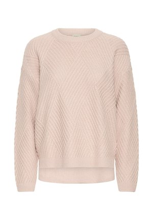 Gaiši rozā adīta džemperis ar dimanta rakstu, ribotu apaļu kaklu un nolaižamām plecu daļām. Audumam piemīt smalka tekstūra un brīvs piegriezums.