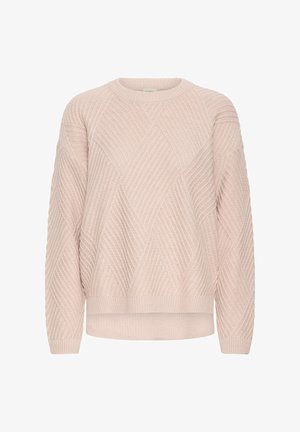 Svetlo roza pleteni pulover s pravokotnim vzorcem, rebrastim okroglim ovratnikom in spuštenimi rameni. Tkanina ima subtilno teksturo in sproščen kroj.