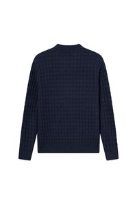 Σκούρο μπλε πλεχτό πουλόβερ με υφή σε μορφή πλέγματος, στρογγυλή λαιμόκοψη και ραμμένα μανίκια. Η πίσω όψη αναδεικνύει καθαρά τις λεπτομέρειες της υφής.