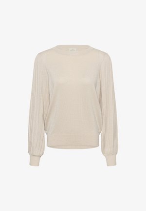 Beige Leichtgewicht-Pullover mit runder Halslinie, gerippten Puffärmeln und strukturiertem Finish. Weicher Stoff und lässige Passform.