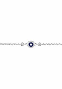 Bracciale in argento con un design centrale a occhio blu circondato da gemme chiare, con due ulteriori pietre circolari su entrambi i lati.