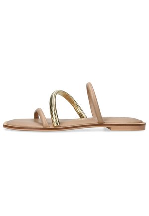 Nude ploché sandály s dvěma úzkými pásky a kovovým zlatým spirálovým dekorem. Mají hladkou texturu a jednoduchý, otevřený design.