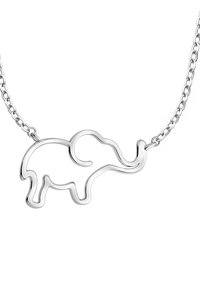 Collana con pendente a forma di elefante in argento dal design minimalista, con curve morbide e outline aperto su una delicata catena.