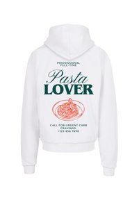 White sweatshirt with a hood, featuring green text "Pasta Lover" and an illustration of spaghetti in red. Includes contact details at the bottom.