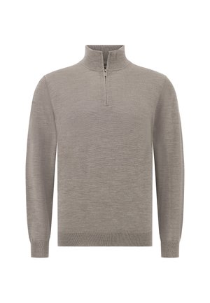 Grau pullover mit hohem Kragen und Viertel-Reißverschluss, aus einem weichen, strukturierten Stoff. Lange Ärmel mit ribbed Bündchen und Saum.