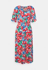 Vestido floral com um padrão vibrante em vermelho, azul, verde e branco. Mangas curtas bufantes e cintura ajustada, com um decote em V.