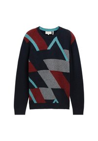 Gebreide trui in donker marine met een geometrisch patroon in rood, teal en grijs. Ronde hals en geribde manchetten en zoom.