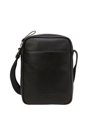 Sac bandoulière rectangulaire en cuir noir avec bandoulière ajustable et poche zippée à l'avant.