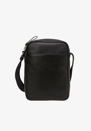 Sac bandoulière rectangulaire en cuir noir avec bandoulière ajustable et poche zippée à l'avant.