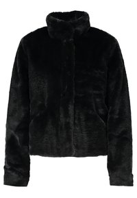 Veste en fausse fourrure noire avec un col montant, un design court et des manches longues. Présente une texture douce et une fermeture avant dissimulée.