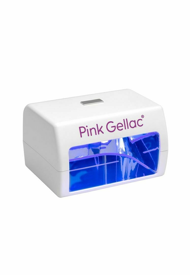 Witte nagellamp met een transparante blauwe voorkant, voorzien van een zilveren knop aan de bovenkant en paarse branding. Ontworpen voor het uitharden van gelnagels.