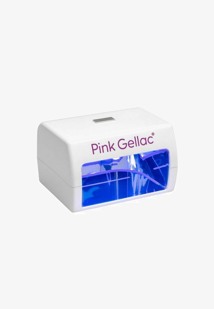 Witte nagellamp met een transparante blauwe voorkant, voorzien van een zilveren knop aan de bovenkant en paarse branding. Ontworpen voor het uitharden van gelnagels.