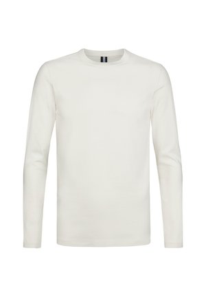 T-shirt bianco a maniche lunghe realizzato in tessuto morbido, con colletto rotondo e maniche aderenti, senza motivi o decorazioni visibili.