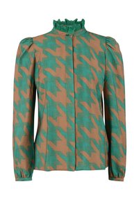 Blusa a maniche lunghe marrone con motivo zigzag verde, dotata di un collo arricciato, chiusura con bottoni e polsini arricciati.