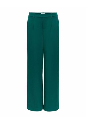 Temno zelene hlače širokih hlačnic z visokim pasom, z zankami za pas, sprednjimi naborki in stranskimi žepi, prikazane na belem ozadju.