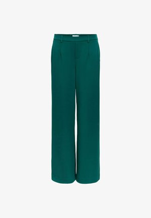 Temno zelene hlače širokih hlačnic z visokim pasom, z zankami za pas, sprednjimi naborki in stranskimi žepi, prikazane na belem ozadju.