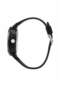 Schwarze Digitaluhr mit rechteckigem Zifferblatt, Gummigurt, zwei Druckknöpfen und Start/Zurücksetzen-Beschriftungen. Verfügt über texturierte Akzente in der Nähe der Knöpfe.
