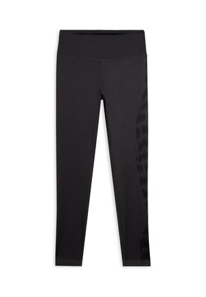 Leggings noirs avec une taille haute. Présente un motif texturé sombre le long de la jambe extérieure. Conçus en tissu extensible et évacuant l'humidité.