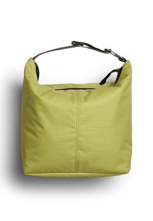 Sac en nylon vert avec une surface texturée, forme rectangulaire, fermeture éclair supérieure et une courte sangle ajustable. Présente un motif géométrique subtil.