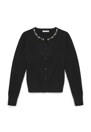 Cardigan nero a maniche lunghe con bottoni e decorazioni di perle e perline lungo la scollatura arrotondata.
