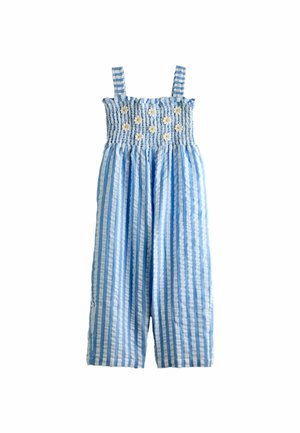 Blå og hvide lodrette stribede ærmeløs jumpsuit med smocket bodice og små hvide margueritdekorationer på brystet.
