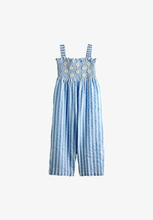 Salopetă fără mâneci cu dungi albastre și albe, cu corset strâns și mici decorațiuni albe cu margarete pe piept.